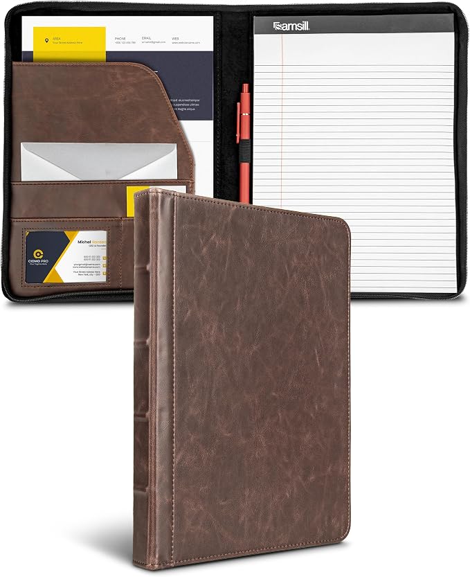 Samsill Vintage Portfolio/Zipper Faux Leather Portfolio, Book Style Hardback Design, Business & Interview Padfolio Organizer, 8.5 x 11 Writing Pad, Dark Brown