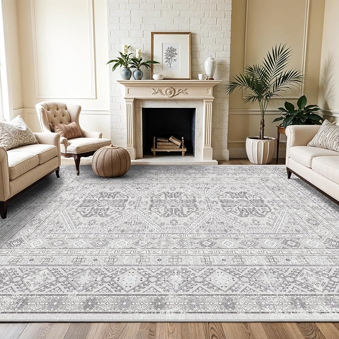 10x12 Area Rug for Living Room: Vintage Oriental Washable Rug for Bedroom Dining Room with Non Slip Rubber Backing Stain Resistant Low Pile Large Carpet Home Office (Grey, 10x12)