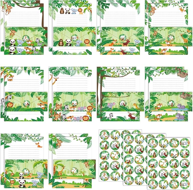 TaoBary 160 Packs Stationery Paper Set (50 Double Sided Stationery Writing Papers 50 Matching Envelopes) 60 Round Dot Sticker, 10 Design(Safari Animal,8.5 x 11 Inch)