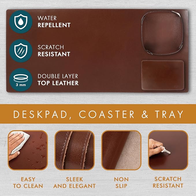 ELIZO Leather Desk Pad Real Leather Desk Mat Thick (3mm) Double Layer (32x16) Cover Blotter Desk Protector Large Computer Mat for Keyboard Mouse Pad Table Laptop Mat Office Accessories - Chestnut