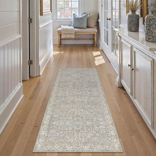 HUGEAR 2x6 Runner Rug Hallway Retro Grey Machine Washable Vintage Floral Low Pile Carpet Vacuumable Distressed Long Throw Rug Bedroom Office Bathroom Kitchen Laundry Non Slip Soft Lightweight