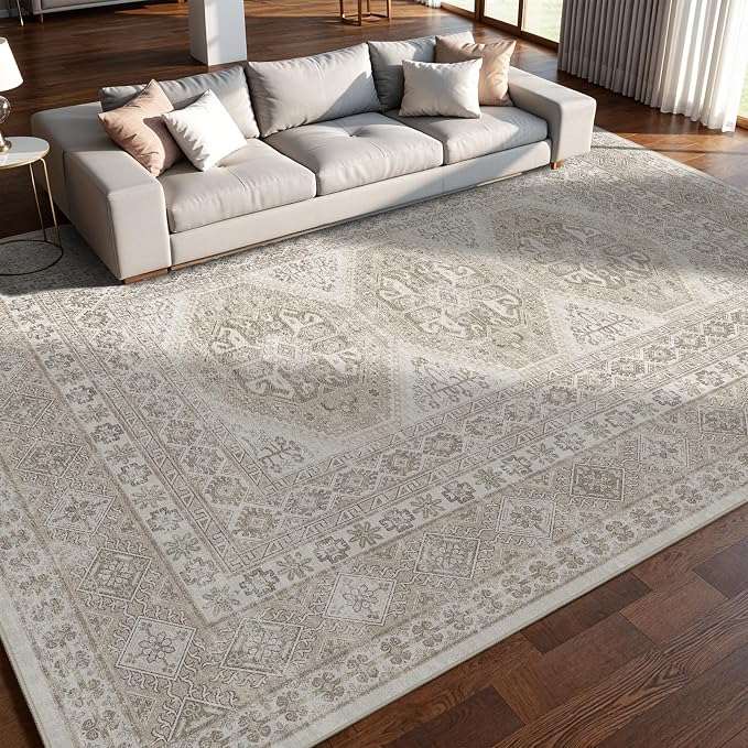 12x15 Area Rug for Living Room: Vintage Oriental Washable Rug for Bedroom Dining Room with Non Slip Rubber Backing Stain Resistant Low Pile Large Carpet Home Office (Beige, 12x15)