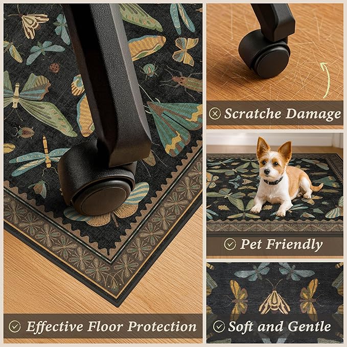 4'x5' Black Office Chair Mat for Hardwood Floors, Insect Boho Design,Non-Slip Low Pile Desk Rug, 48"x60" Small Area Rug for Computer Desk Home Office, Machine Washable WFH Essential for Dorm Room