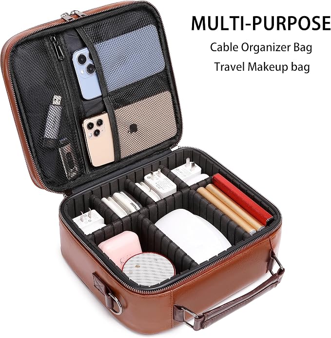 KYALOU Electronics Travel Organizer, Large Electronic Accessories Cable Case with Adjustable Dividers, Waterproof Tech Storage Bag Gifts with Double Layers for Cord, Charger, Power Bank - Brown