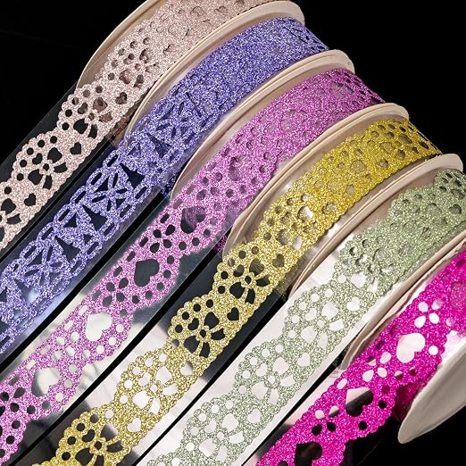 SallyFashion Decorative Washi Tape Set - 6Rolls Glitter Lace Washi Tape for Card Making Supplies, Scrapbook Craft Supplies, Aesthetic Journaling, DIY Craft Projects Gift Wrapping