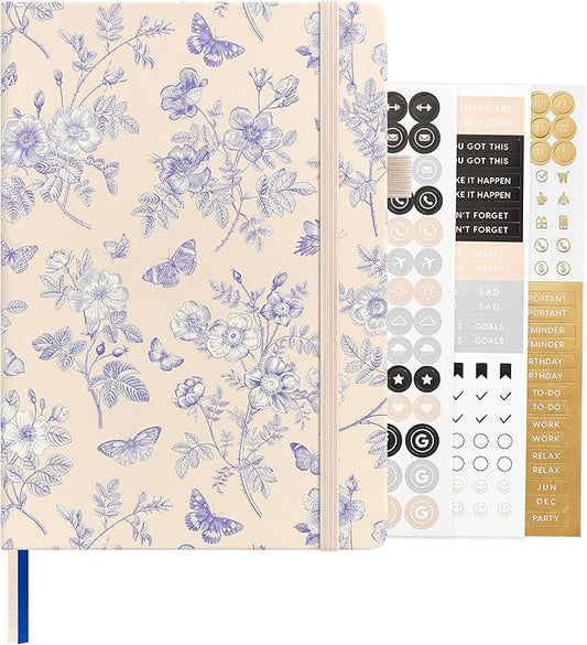 &And Per Se Dotted Journal Notebook, A5 Hardcover Aesthetic Dotted Notebook – 160 Pages 100gsm Thick Dot Grid Paper, 3 Sticker Sheets – Gift-Ready Journaling Kit for Women (Blue Flowers)