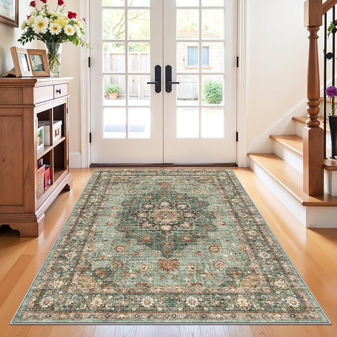 4x5 Area Rugs for Living Room: Perfect for Bedroom Kitchen Kids Room Nursery - Stain & Water Resistant Non-Slip Pet & Child Friendly Vintage Carpet (Green, 4x5)
