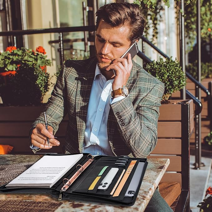 AZXCG Genuine Leather Portfolio Binder for Men& Women,Portfolio Organizer with Zipper,Leather 3 Ring Binder for iPad Pro 12.9,Business Portfolio for Men,Gift for Father's Day