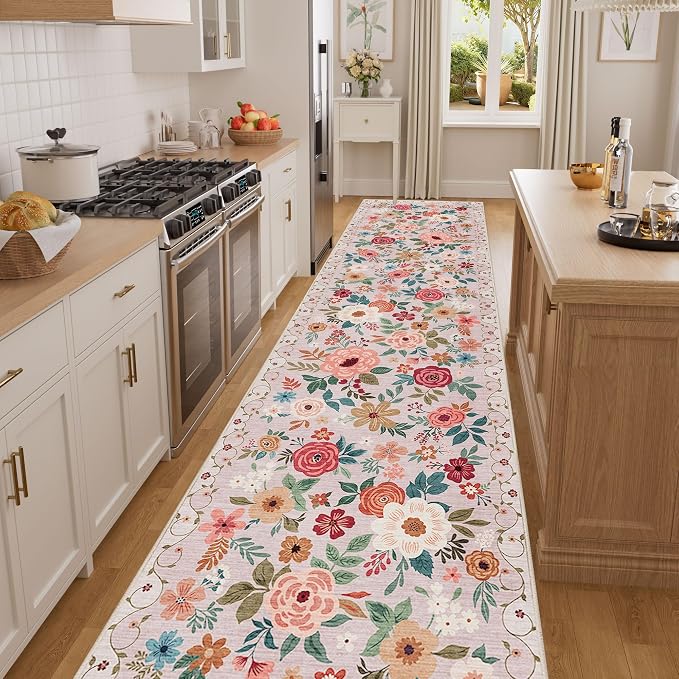 DUKINO 3x12 Washable Runner Rug, Non Slip Soft Floral Hallway Runner Rug with Non Shedding Design, Low Pile Long Floor Carpet for Kitchen, Hallway, Bathroom, Entryway, Laundry, Beige
