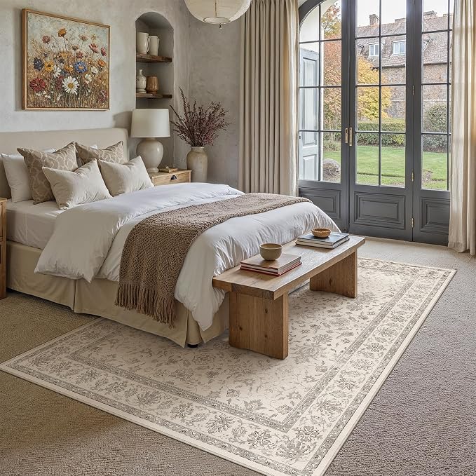 PureCozy 6x9 Area Rug Beige Washable Vintage Carpet Living Room Bedroom Large Non Slip Stain Soft Resistant Low Pile Thin Boho Accent Indoor Throw Rug for Dining Room Office