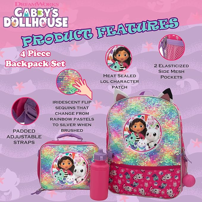 AI ACCESSORY INNOVATIONS Gabby’s Doll House 4 Piece Backpack Set, Flip Sequin 16" School Bag for Girls with Front Zip Pocket, Pink
