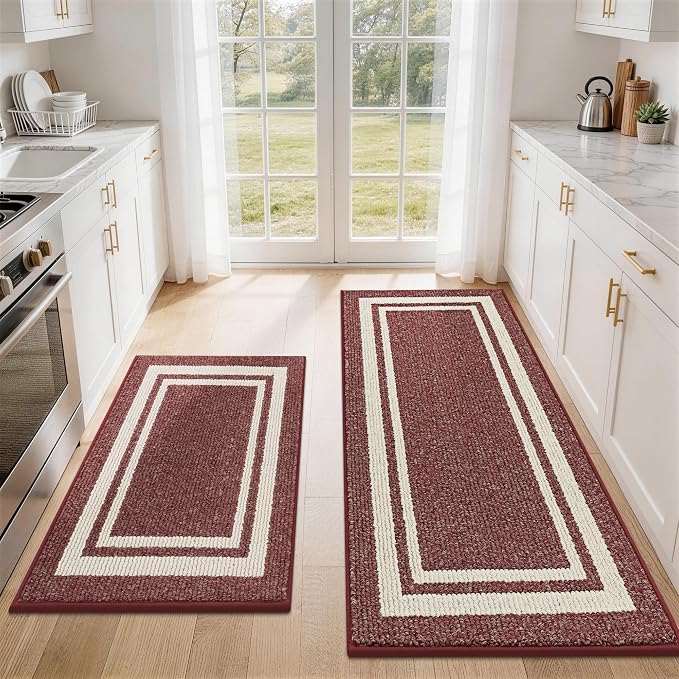 COSY HOMEER Kitchen Rugs Non-Slip 24x35/24x60 Inch Thick Polypropylene Standing Mat for Home Machine Washable, Red Frame