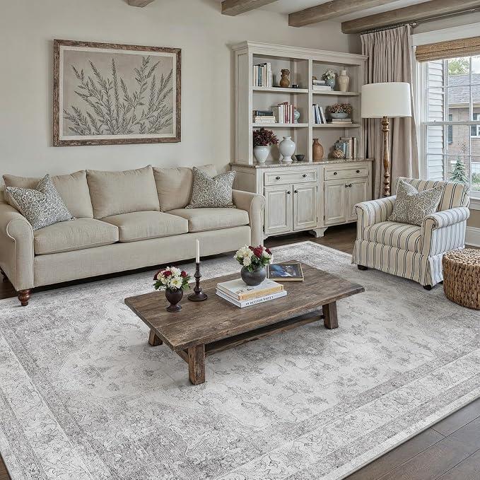 PureCozy Gray Area Rug 5x8 Washable Living Room Carpet Vintage Non Slip Soft Bedroom Indoor Office Retro Grey Low Pile Thin Oriental Medallion Large Rug for Dining Room Bathroom Kitchen