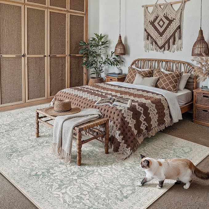 PureCozy Green 8x10 Area Rugs Washable Vintage Living Room Bedroom Carpet Indoor Non Slip Soft Low Pile Thin Rug Retro Accent Home Office Dining Room