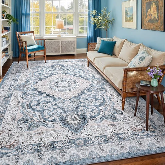 Macgace 8x10 Area Rug for Bedroom, Machine Washable Rugs with Non-Slip Backing for Living Room, Large Vintage Carpet Kitchen Laundry Kids Room Decor, Blue & Beige