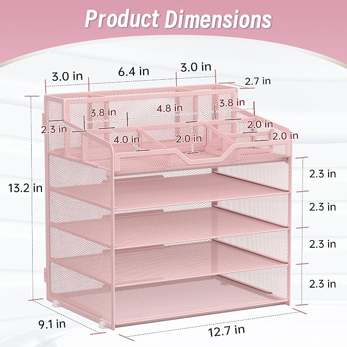 5 Tier Mesh Paper Desk Organizer with Pen Holders, Pink | Features 3 pen holders, and 5 adjustable compartments for office school home desk storage