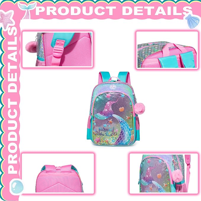 Mermaid Backpacks for Girls Kids School Cute Bookbag for Kindergarten Elementary Sequin School Backpack for Girls Lightweight SchoolBag with Lunch Box