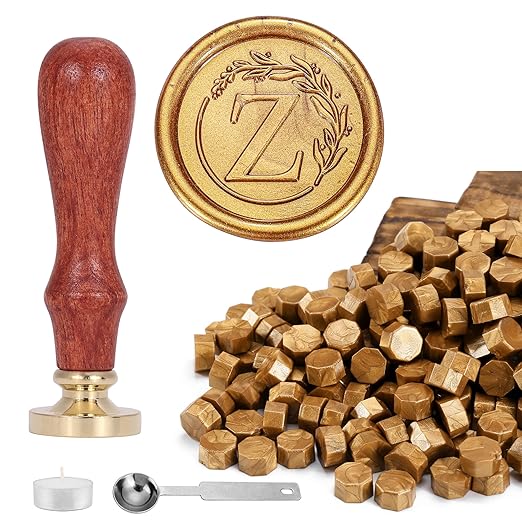 Yoption Letter Wax Seal Kit, Vintage Initial Alphabet Z with Wreath Stamp and 120 Antique Gold Wax Seal Beads for Wedding Invitation Christmas Envelope
