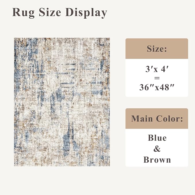 3x4 Rug Washable for Entryway - Non-Slip Modern Small Indoor Area Rug for Bathroom,Living Room，Bedroom - Abstract Neutral Soft Low-Pile Throw Mat with Rubber Backing (Blue Brown)