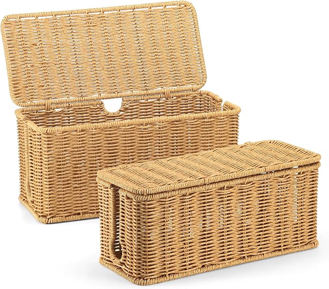 2Pack Large Cable Management Box, Handwoven Imitation Rattan Cord Organizer | Handwoven imitation rattan cord hider box conceals power strips and cables for a clean desk or floor setup