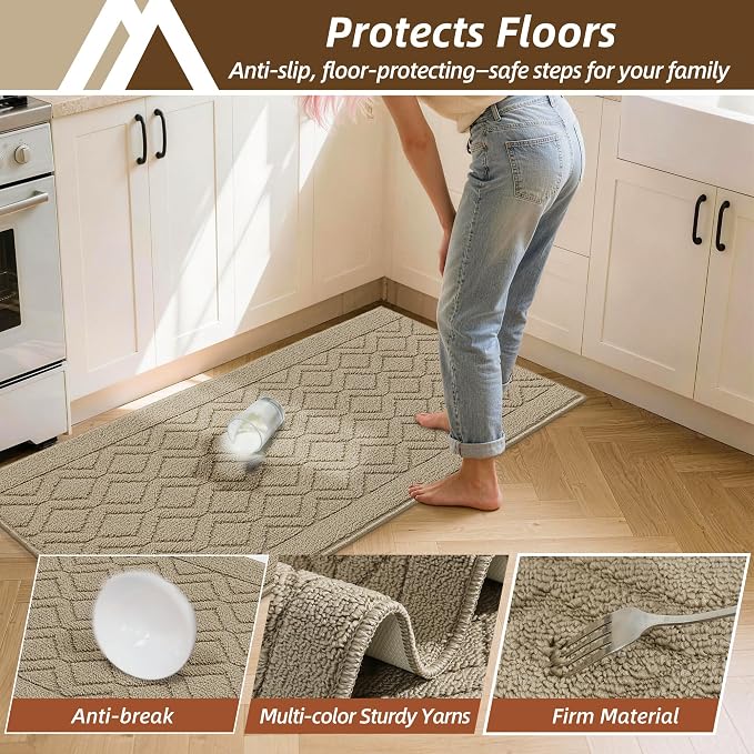 COSY HOMEER 60x24Inch/35X24Inch Kitchen Rugs Sets Non-Slip Washable Kitchen Mats for Floor Polypropylene Absorbent Kitchen Runner for Kitchen Sink Hallway Entryway(Beige)