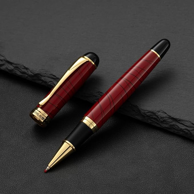 Luxury Metal Rollerball Pen Set – Stainless Steel Barrel, Cool Fine Point Pen with Gift Box & 2 Extra Refills – Premium Business & Signature Pens for Men & Women (Red)