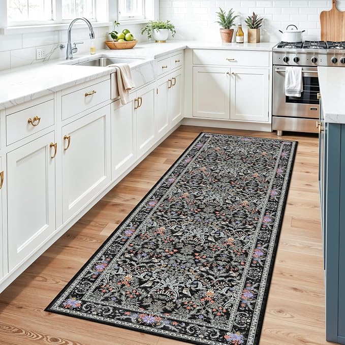 3x10 Botanical Hallway Runner Rug - Non-Slip Washable Long Kitchen Entryway Carpet Runner with Rubber Backing, Boho Floral Soft Low Pile Stain-Resistant (Vibrant Black)