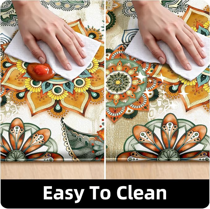 Boho Yellow Floral Kitchen Rugs Mats for Floor 2 Piece Memory Foam Padded Kitchen Mats Anti Fatigue Non Slip Cushioned Comfort Standing Mat, 17.3x28+17.3x47 Inch