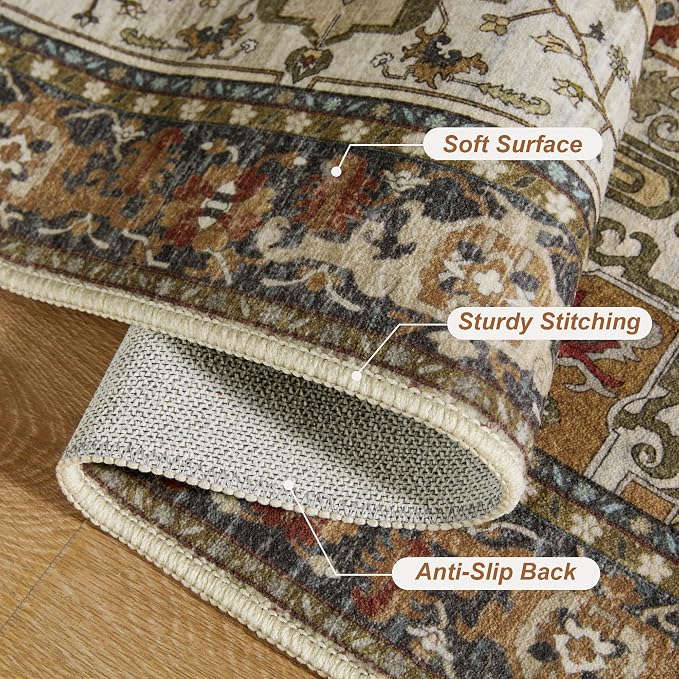 Tangsoo Vintage 3x5 Washable Rug Indoor Area Rugs, Farmhouse Non Slip Accent Rug Carpet, Oriental Boho Soft Low Pile Rugs for Living Room Dorm Bedroom Bedside Entryway Dining Room