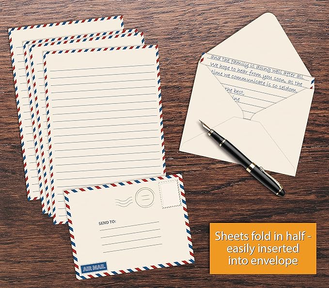 Better Office Products Vintage Airmail Mini Stationery Set, 100 Piece Set (50 Lined Sheets + 50 Matching Envelopes), 5.5 x 8.25 inch, Design, Double Sided Printing, Double Side Lined Paper,