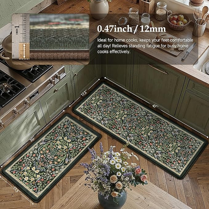 PureCozy Kitchen Mats for Floor 2PCS Anti Fatigue Cushioned Mat Non Slip Comfort Kitchen Rugs Vintage Floral Waterproof Standing Dark Green Mat for Sink Laundry Office Desk 17.3"x47"+17.3"x30"