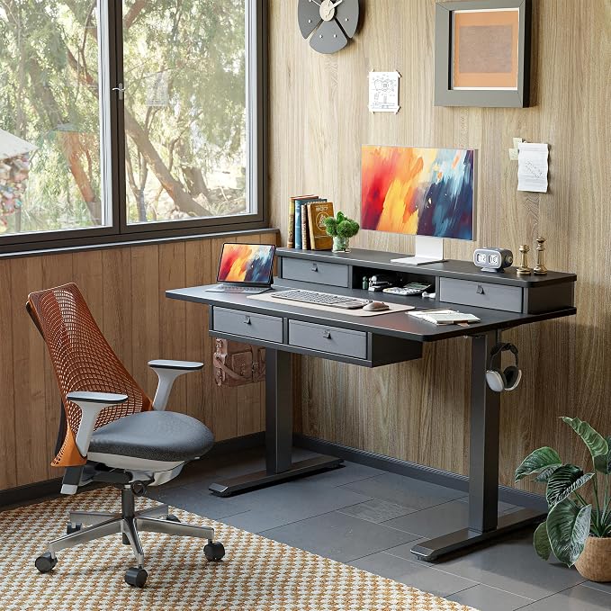 TIQLAB Height Adjustable Desk with Four Drawers, 48 * 28 Inch Standing Desk with Storage Shelf, Splice Board, Black