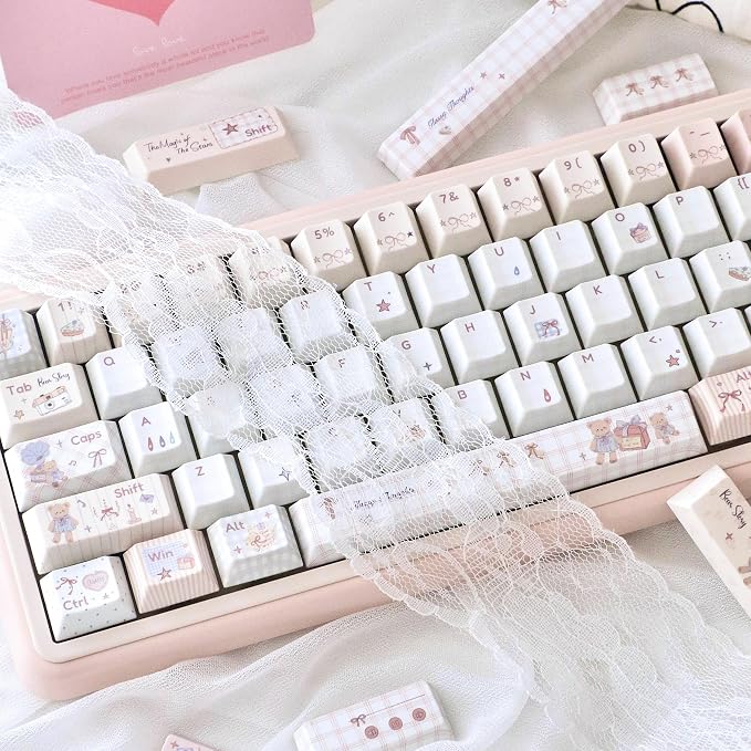 Pink PBT Keycaps 150 Keys, Little Bear Theme Dye Sublimation Keycap Set, Cute Cherry Profile Key Caps, Custom Keyboard Keycaps for ANSI/ISO Layout Cherry MX Switches Mechanical Keyboard