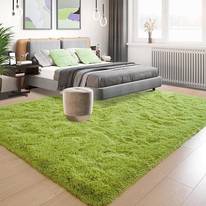 Tepook Fluffy Grass Green Rugs for Living Room Bedroom, 9x12 Soft Area Rug Moss Green Kids Girls Boys Rug, Indoor Plush Shaggy Non-Slip Carpet for Nursery Classroom Dorm Home Decor