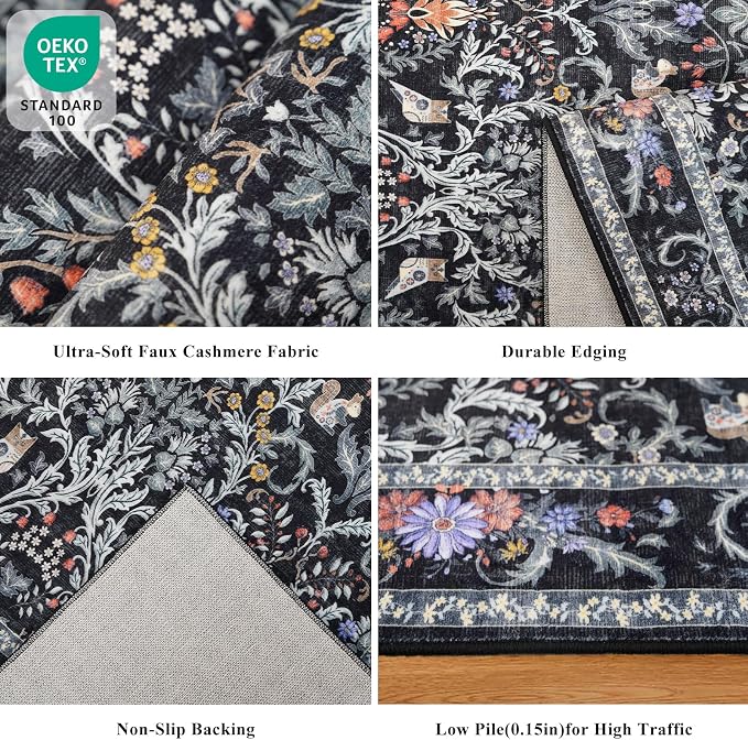 3x10 Botanical Hallway Runner Rug - Non-Slip Washable Long Kitchen Entryway Carpet Runner with Rubber Backing, Boho Floral Soft Low Pile Stain-Resistant (Vibrant Black)