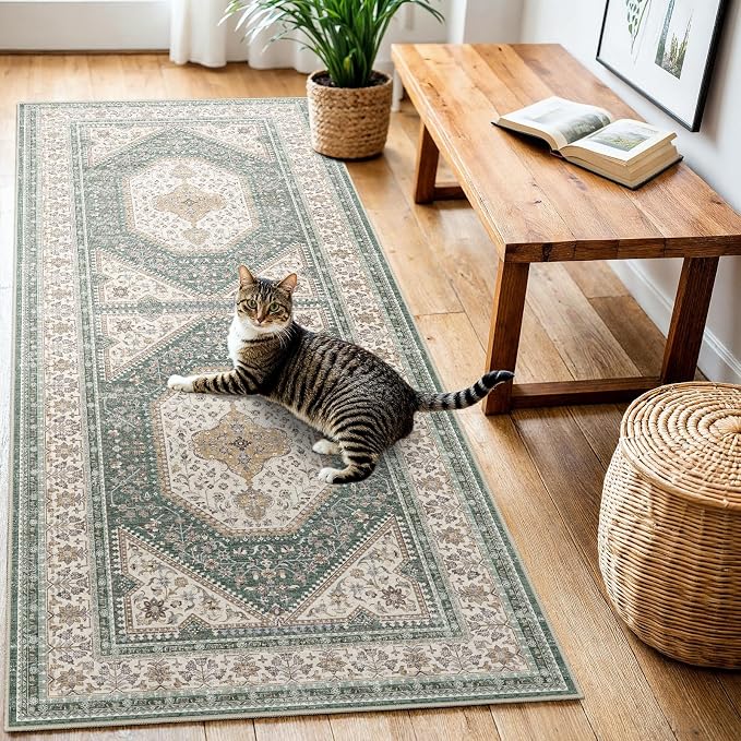 3x6 Runner Rug for Hallway Washable: Non Slip Kitchen Rugs with Rubber Backing Soft Waterproof Wide Mats Stain Resistant Low Pile Carpet for Entryway Bedroom Bathroom Laundry Home Decor Green/Beige