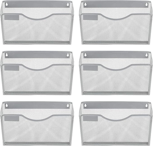 EasyPAG 6 Pack Wall File Organizer with Label Panel, Metal Mesh Hanging File Folder Holder for Letter/A4 Size Folders, Vertical Wall Mount Mail Sorter for Office Paperwork, Classroom, Silver