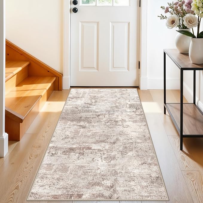 RUUGME Washable 3x6 Runner Rug: Modern Low Pile Durable Floor Mat Non-Slip Abstract Carpet for Kitchen Laundry Stain Resistant Soft Rugs for Family with Cats & Dogs Home Decor 3X6 Brick/Brown/Beige