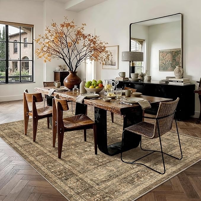 6x9 Brown Washable Area Rugs for Living Room Non Slip Low Pile Vintage Boho Throw Rug Soft Retro Distressed Floral Large Carpet Indoor Farmhouse Decor for Bedroom Dining Room Office Kitchen Playroom