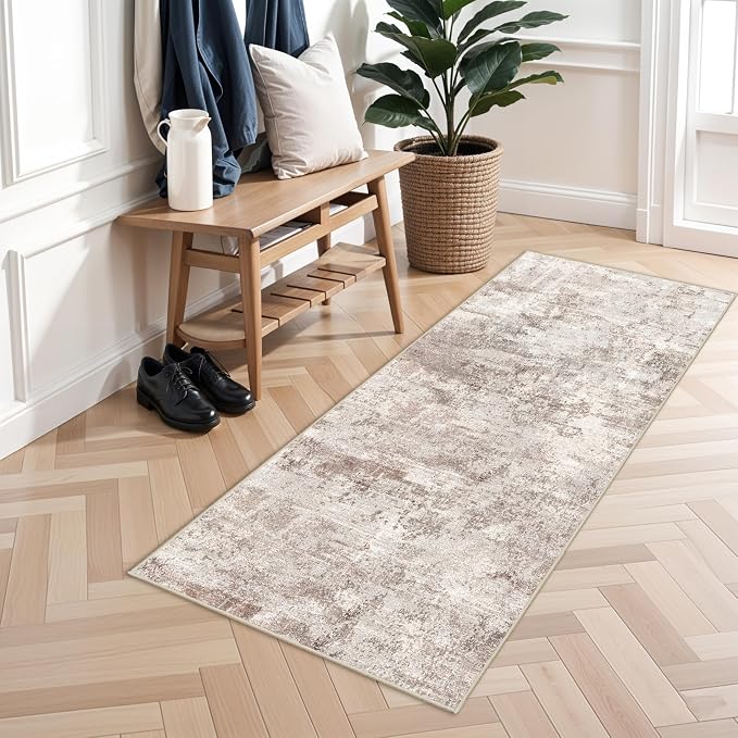 RUUGME Hallway Runner Rug 2x5 - Machine Washable Runner Rug Stain Resistant for Home Non Slip Indoor Entryway Rubber Backing Carpet Bedroom Kitchen Distressed Floor Decor Mat 2x5 Brick/Brown/Beige