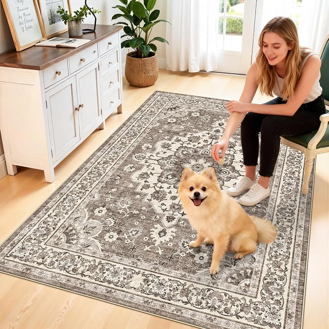 4x5 Area Rugs for Living Room: Perfect for Bedroom Kitchen Kids Room Nursery - Stain & Water Resistant Non-Slip Pet & Child Friendly Vintage Carpet (Beige, 4x5)