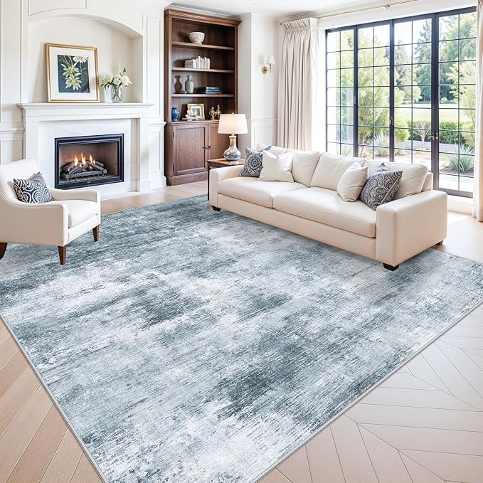 12x12ft Square Living Room Rug – Non-Slip Washable Extra Large Floor Carpet for Bedroom, Dining Room, Playroom Room – Modern Abstract Neutral Thin Low-Pile Big Indoor Rug (Misty Blue Gray)