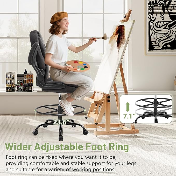 500LBS Drafting Chair, High Back Safer Standing Desk Chair, Executive Tall Office Chair with Flip-up Armrests, Upholstered Fabric Task Chair, Ergonomic Seat with Adjustable Height&Foot Ring, Black