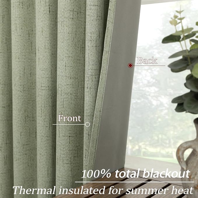 KOUFALL Sage Green Blackout Curtains 92 Inch Length 2 Panel Set, Linen Boho Black Out Pleated Soundproof Thermal Curtains & Drapes for Bedroom Cottage Core Decor, 93 Inch Long Curtains