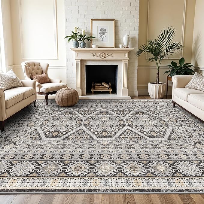 10x12 Area Rug for Living Room: Vintage Oriental Washable Rug for Bedroom Dining Room with Non Slip Rubber Backing Stain Resistant Low Pile Large Carpet Home Office (Black, 10x12)