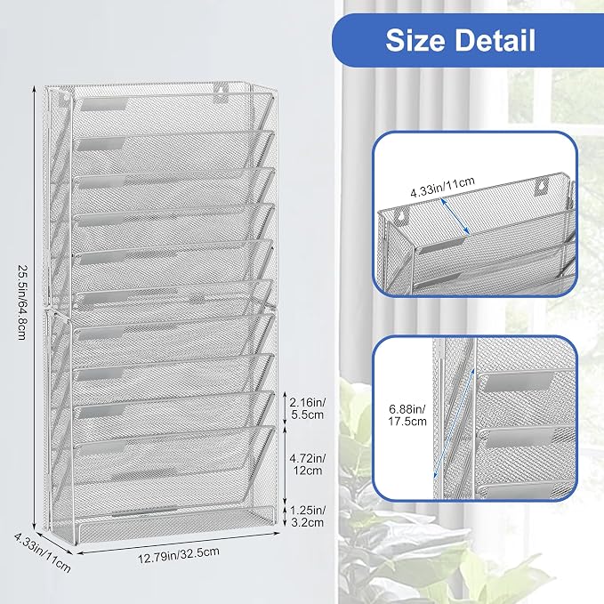 EasyPAG Wall File Holder 10 Tier Mesh Hanging Folder Organizer with Flat Tray Wall Mounted Mail Organizer Magazine Paper Desk Shelf with Nametag Label for Office Home School, Silver