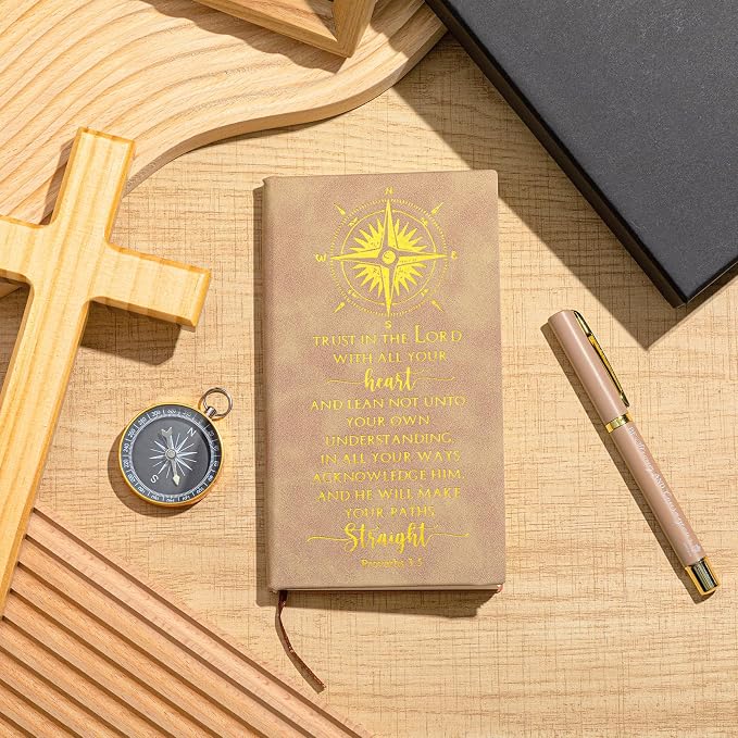 Fuyoooo 4 Pcs Baptism Gift Set for Men First Communion Gift Include Christian Journal Bible Notebook Engraved Compass and Religious Catholic Pen for Church Pastors