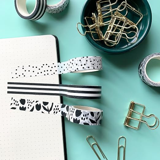Washi Tape Set of 12 Rolls of 15 mm Wide Cute Decorative Washi Tape for Journaling, Scrapbook, Washy Crafts, Bullet Journals, Planners, DIY Décor, Craft Supplies For Adults & Kids (Black and White)