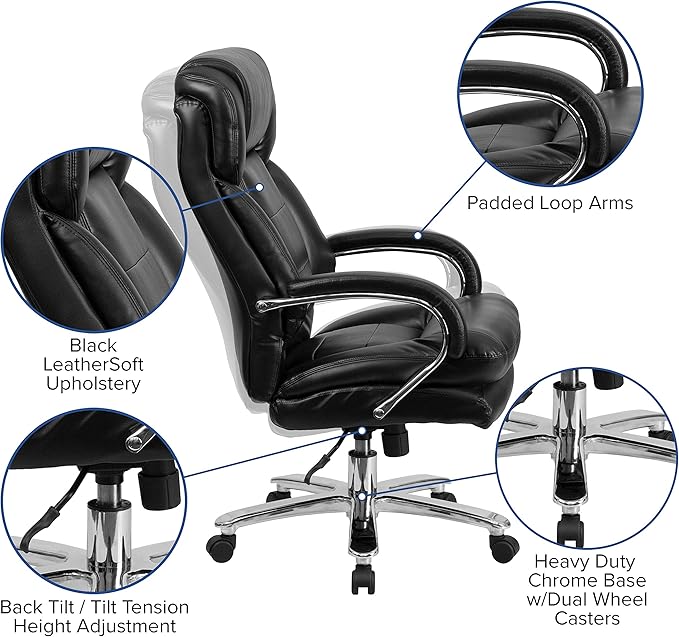 Flash Furniture Hercules Series LeatherSoft Swivel Office Chair with Loop Arms, Ergonomic High-Back Executive Chair with Padded Seat and Arms, Black
