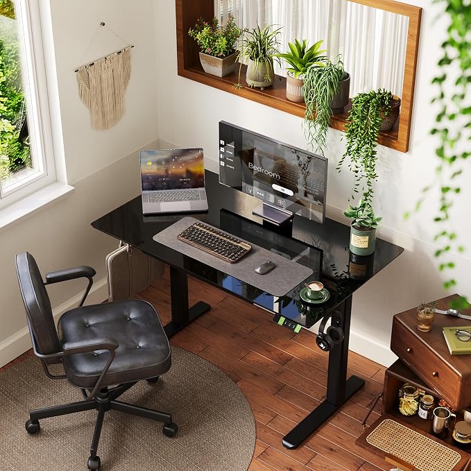 INNOVAR 48×24 Inch Black Glass Standing Desk with Drawers | Tempered Glass Top, Ergonomic, Adjustable Height, Stand Up Desk,4 Memory Presets